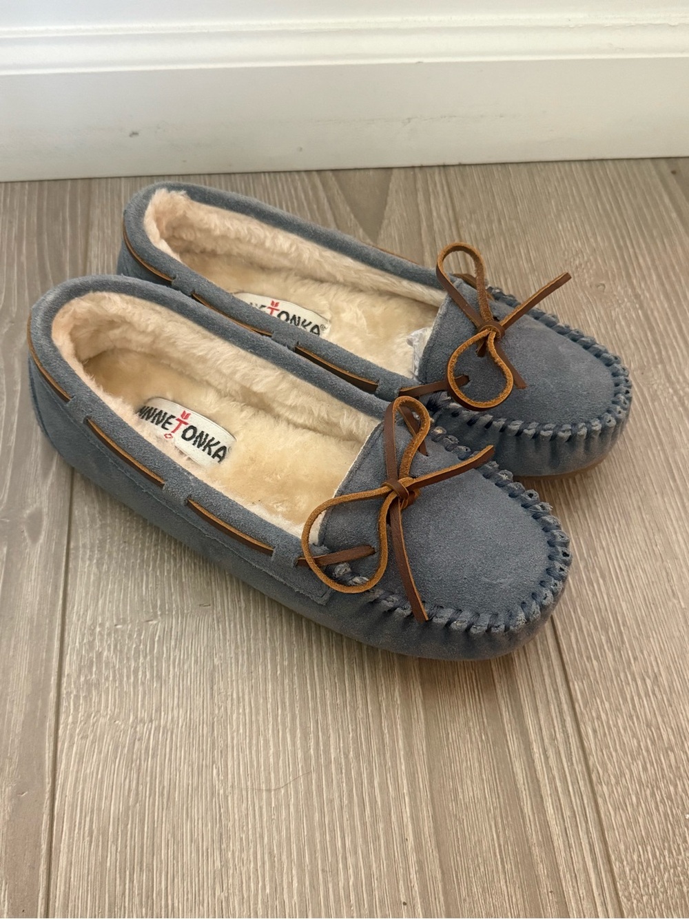 Minnetonka Kids Gray Suede Moccasins with Brown Bow